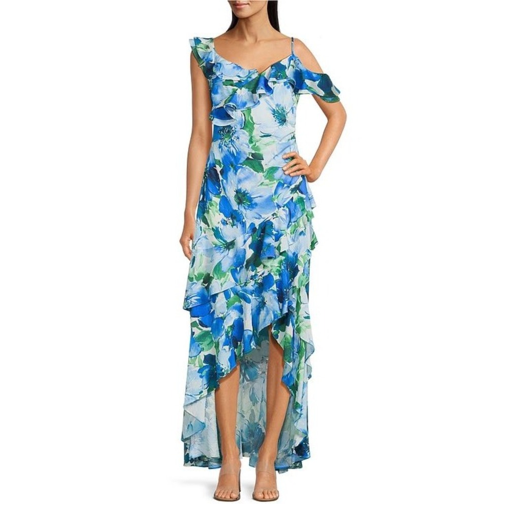 Alex Marie Blue Floral Ruffle High-Low Maxi Dress‎ Cold Shoulder Size 14 NEW